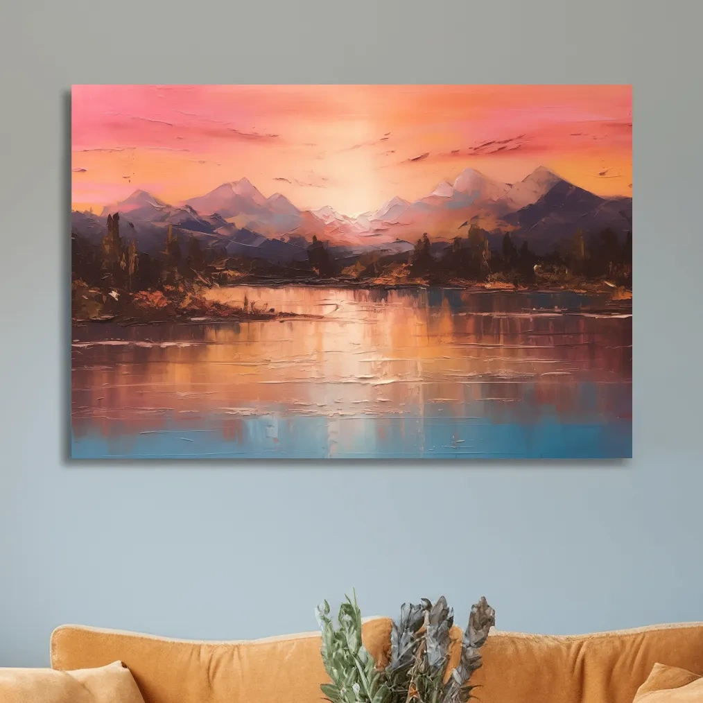 Sunset mountain lakeside painting, textured effect oil painting wall art print