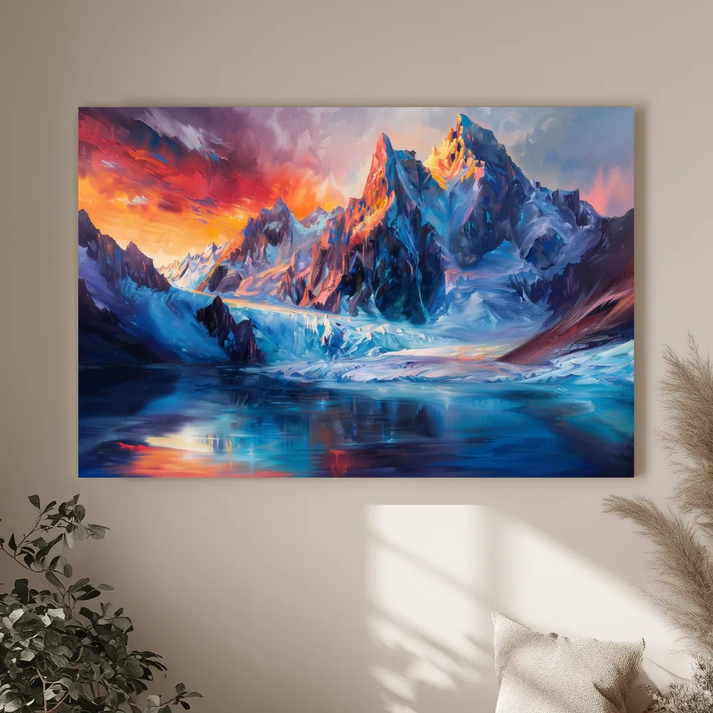 Vibrant Glacial Sunset Impressionism Painting - Dramatic Alpine Mountain Wall Art