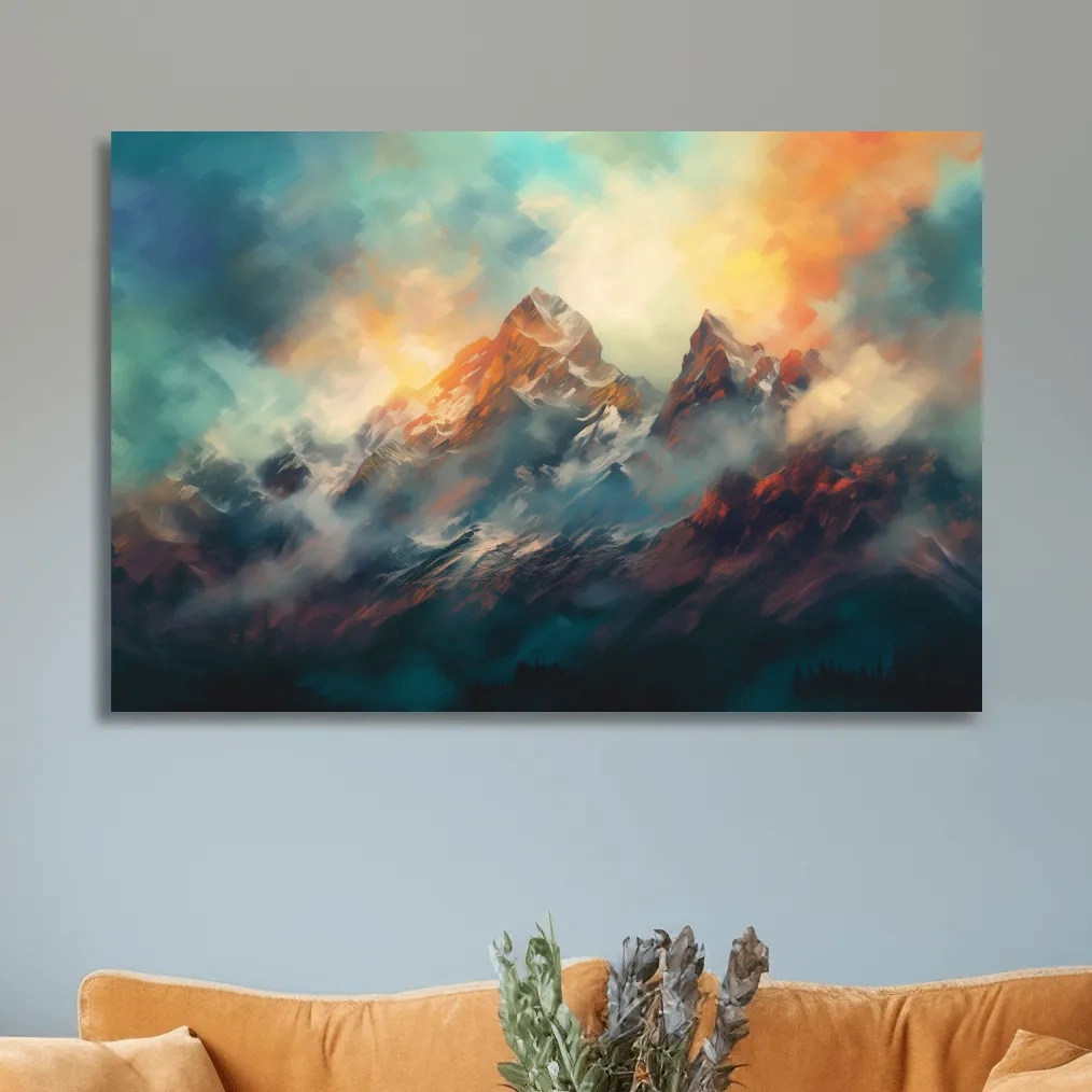 Colorful mountain sunrise artwork, peaks in the mist