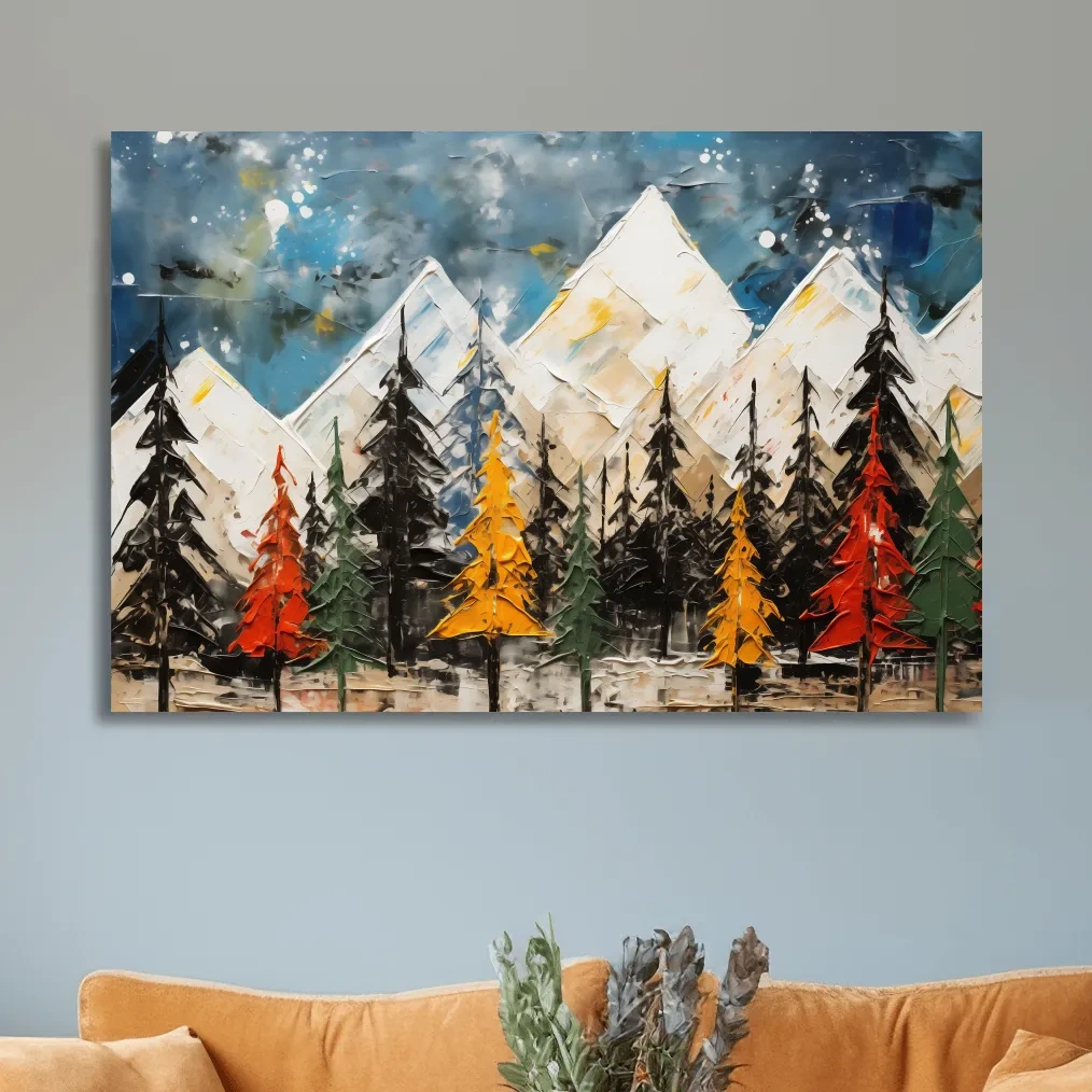 Thick abstract oil painting print, treeline by the mountains