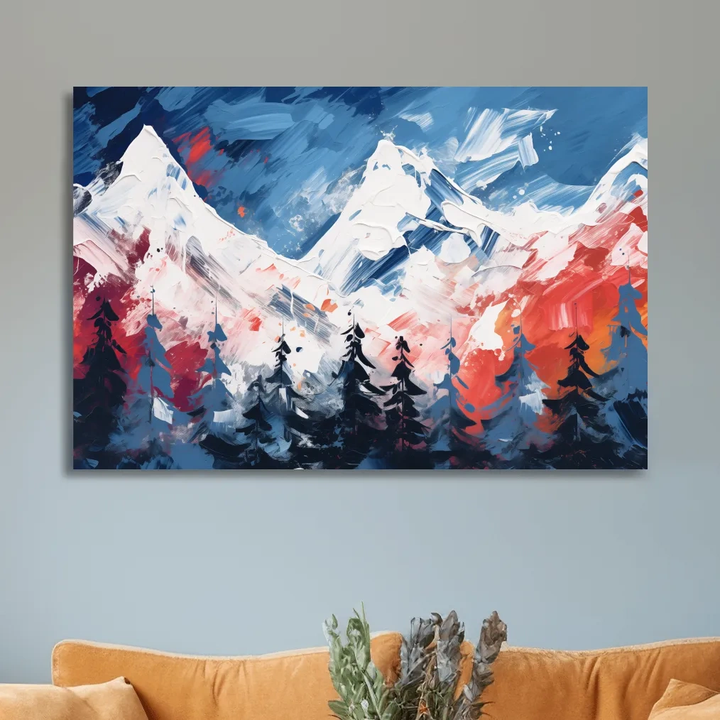 Vibrant Abstract Snowcapped Mountain Peaks - Bold Alpine Forest Landscape Art