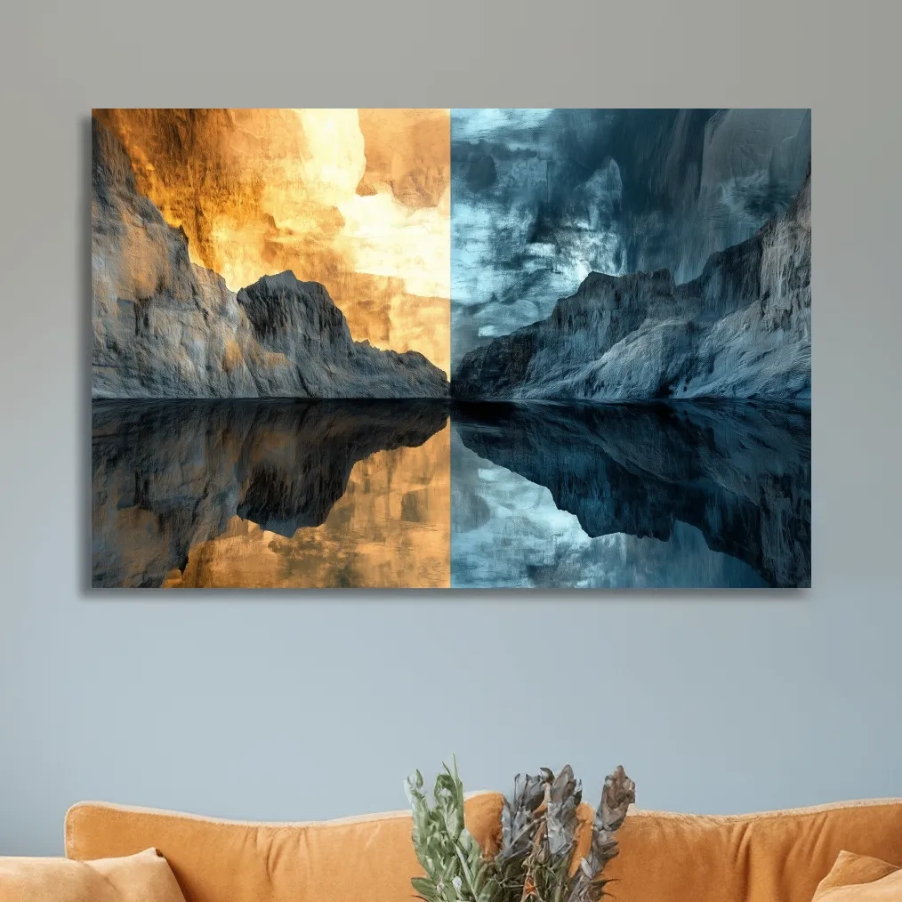 Split Tone Mountain Lake Reflection - Fiery Sunset Cool Twilight