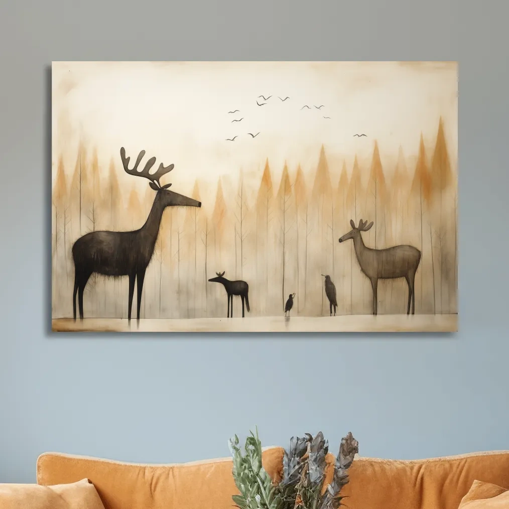 Minimalist Woodland Deer Family Illustration - Scandinavian Nursery Forest Wall Art