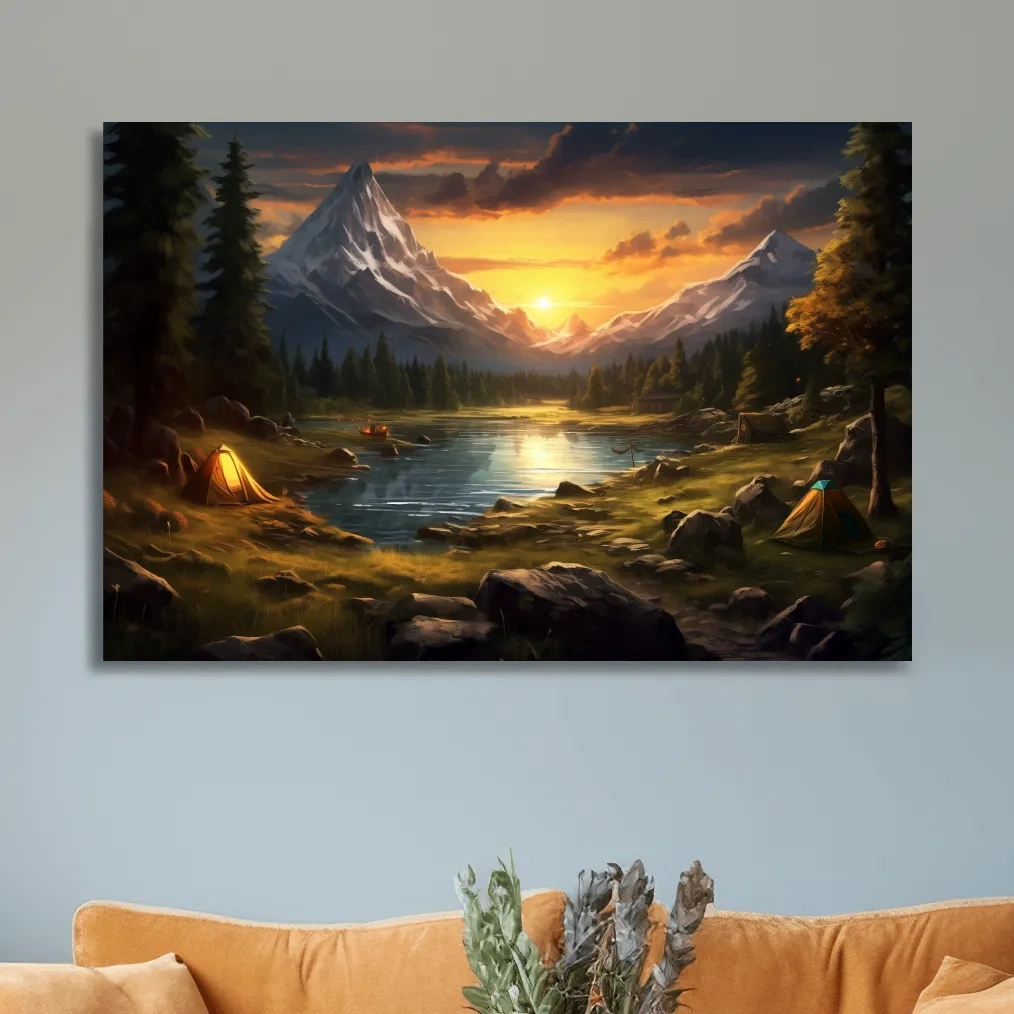 Painting of an alpine campsite by a lake at sunset, serene wall artwork