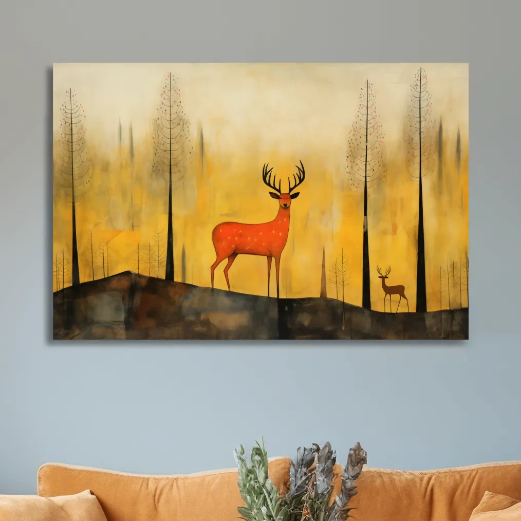 Quirky illustration art of a deer in the forest, whimsical animal artwork