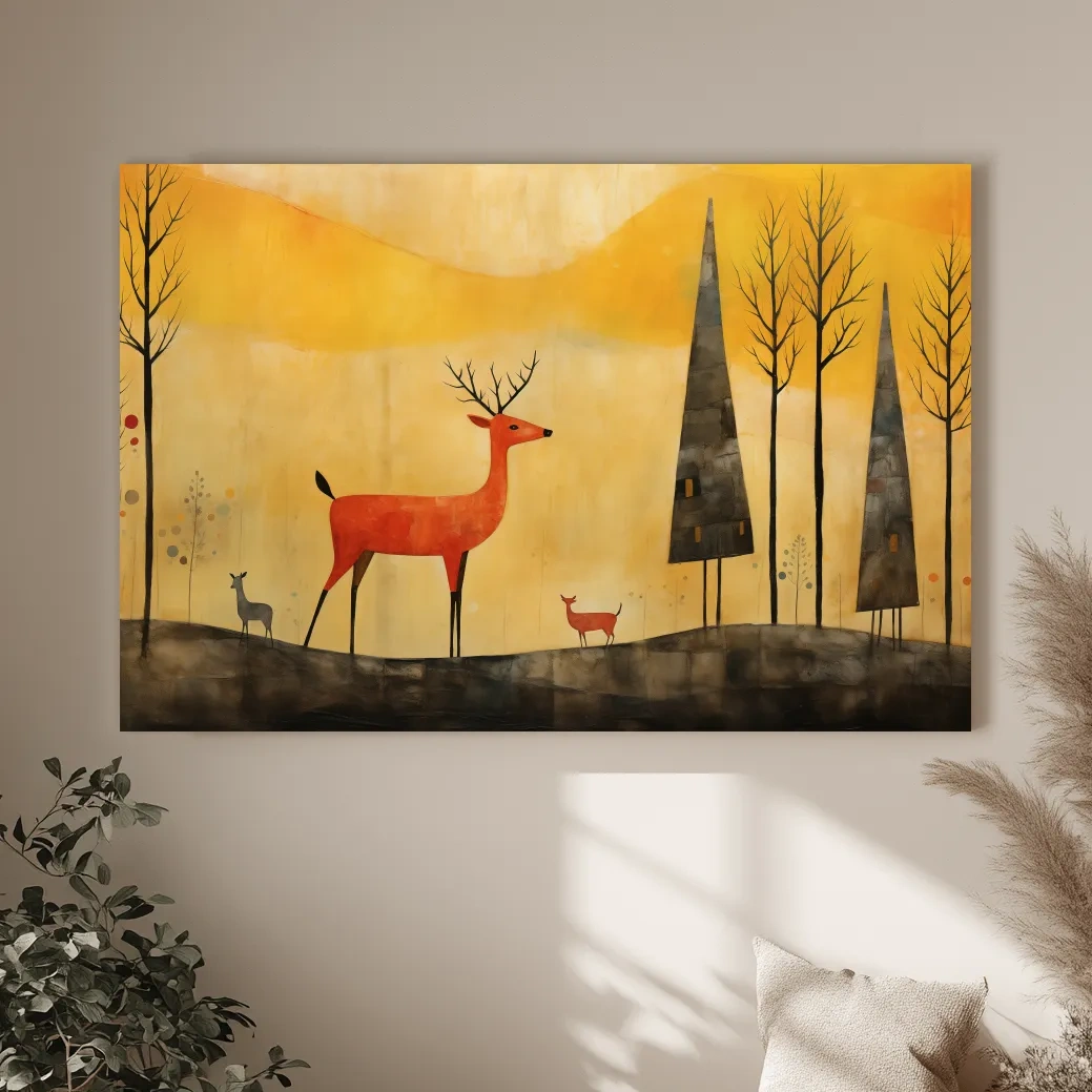 Whimsical Deer Forest Illustration - Autumn Woodland Landscape Wall Art