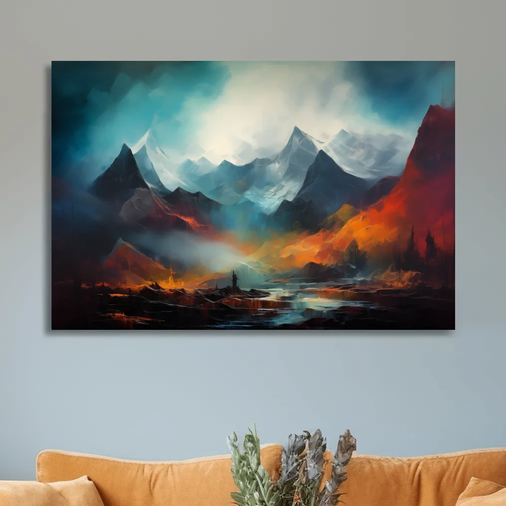 Colorful impressionist painting, abstract mountain landscape artwork
