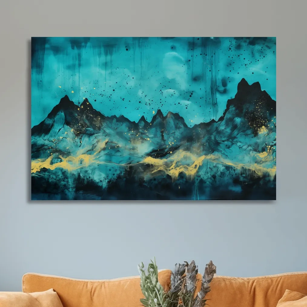 Mystical turquoise mountain wall art, abstract night sky with gold accents