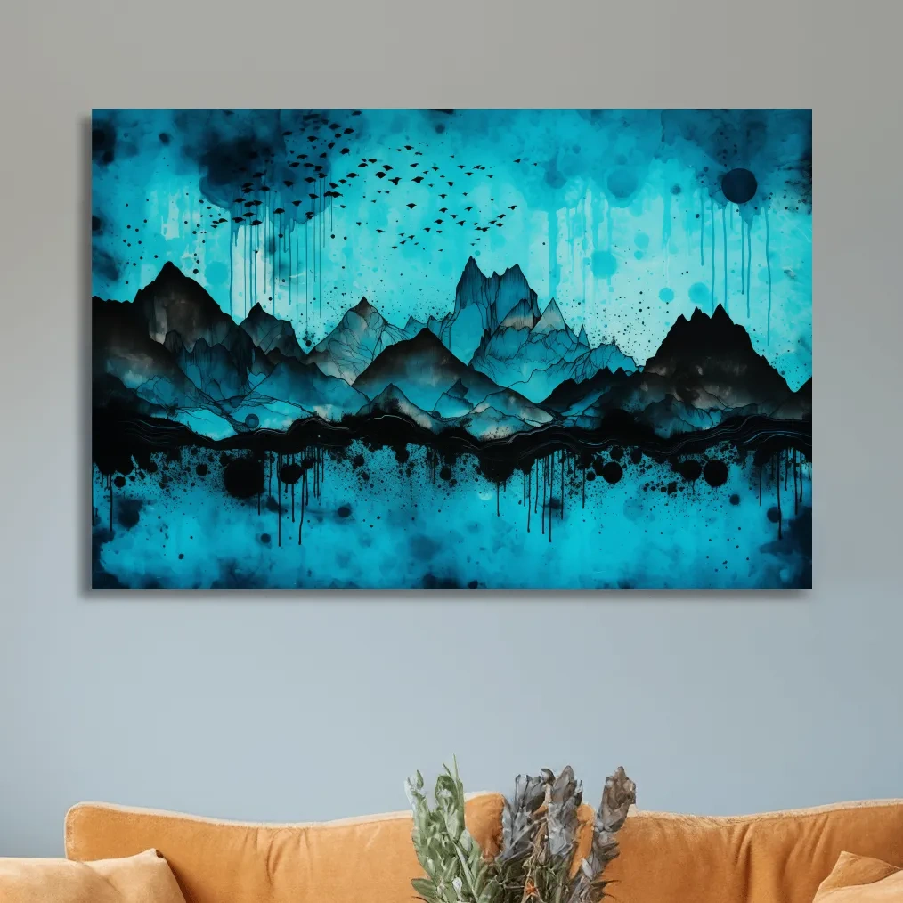 Abstract mountain landscape artwork, watercolor ink splatter design