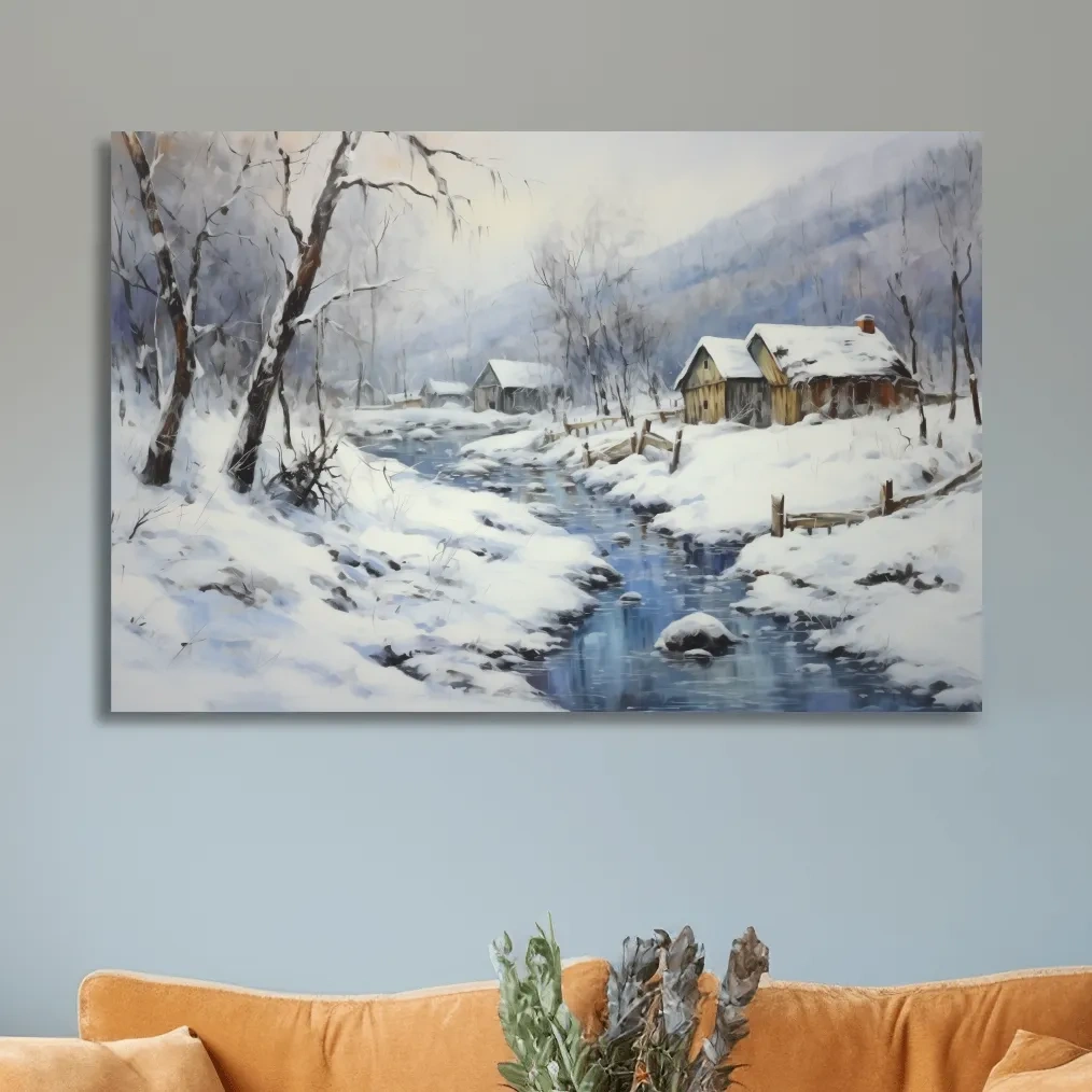Snowy landscape artwork with rustic cabins beside a frozen stream, serene winter wall art