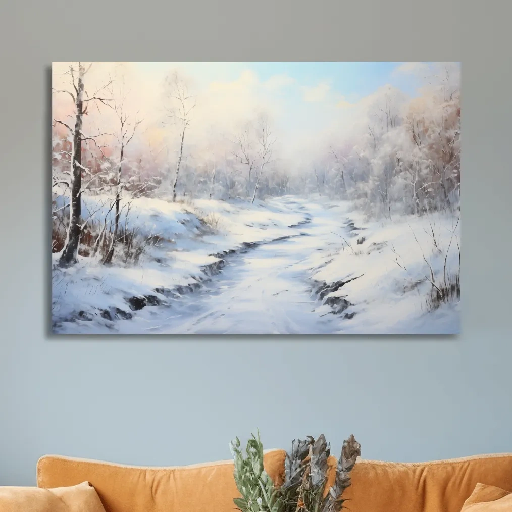 Winter landscape artwork, serene snowy forest path with soft pastel sky