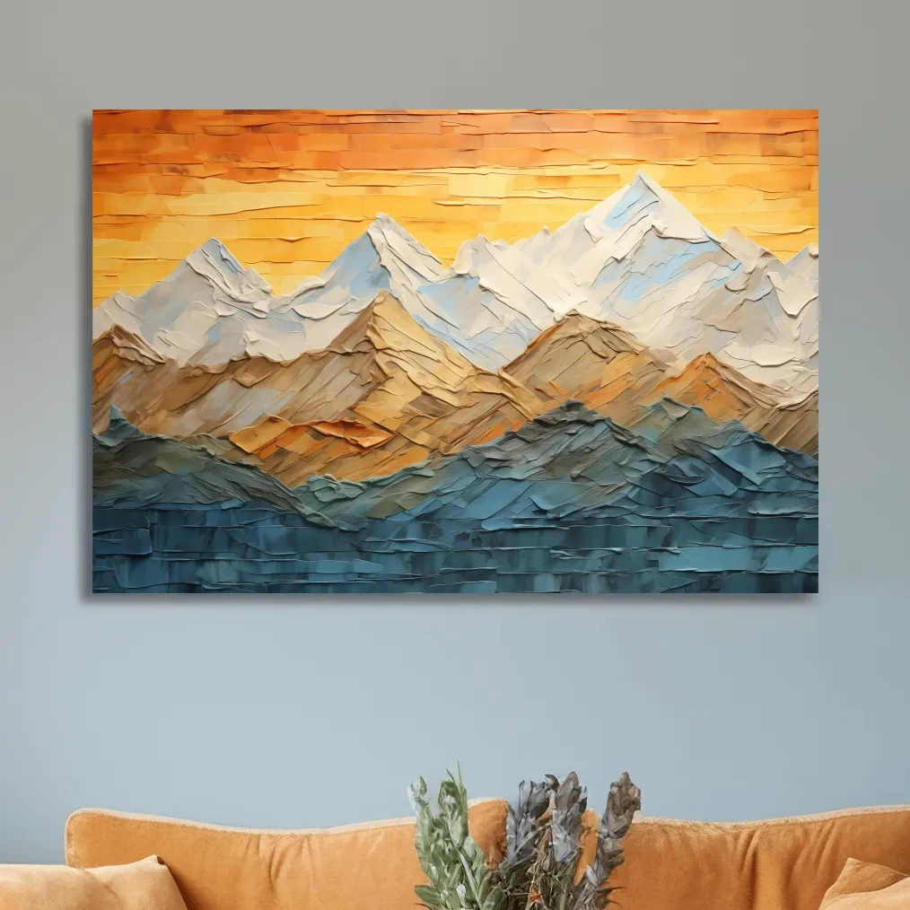 Impasto Style Mountain Range Sunset - Pallet Knife Painting Effect Wall Art