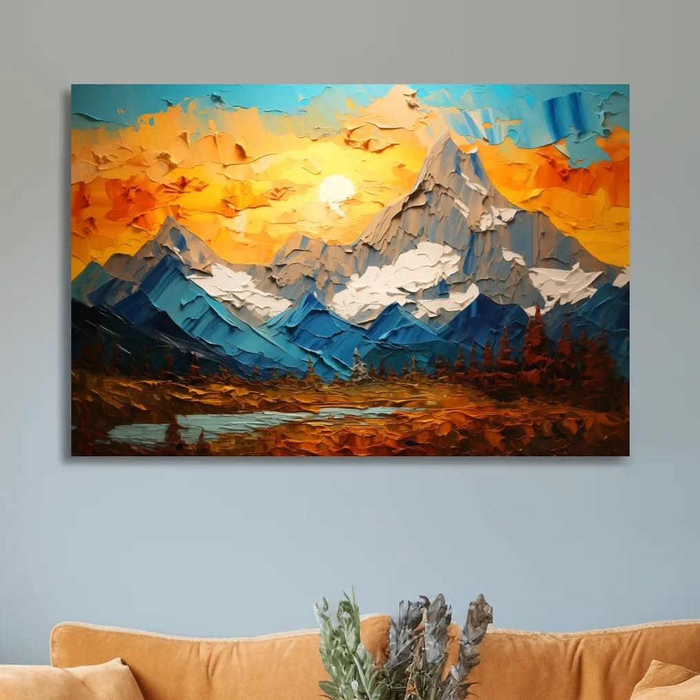 Colorful sunset mountain art, thick textured palette knife painting effect print