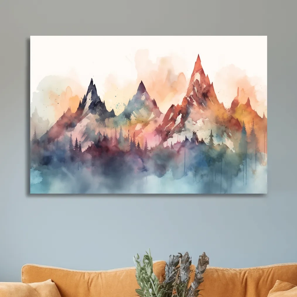 Colorful watercolor mountain wall art, serene misty landscape painting