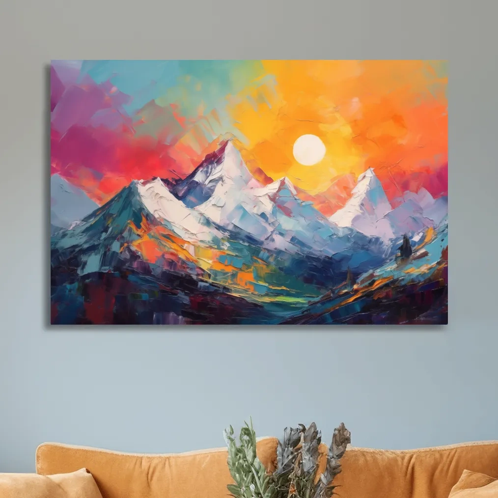 Vibrant Impasto Mountain Sunset Painting - Colorful Abstract Alpine Wall Art