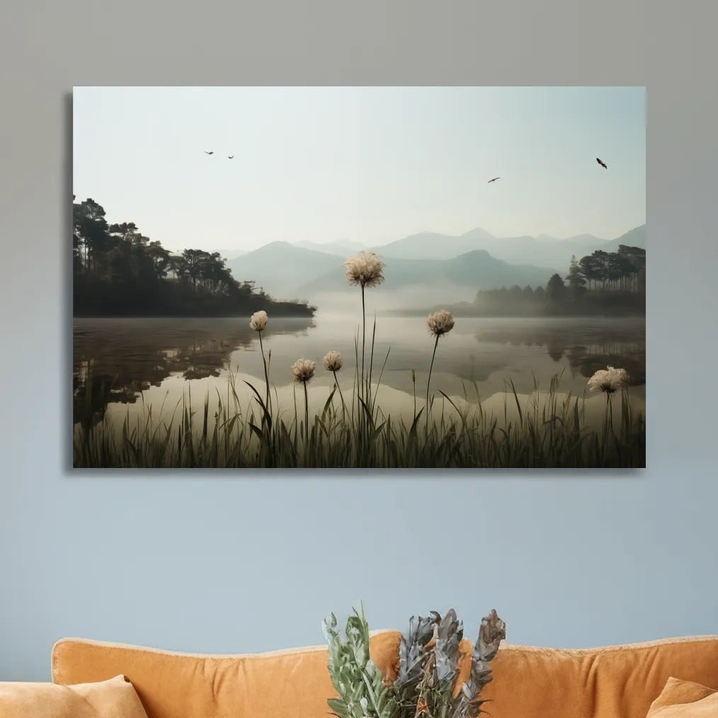 Misty Lake Painting With Wildflowers - Serene Landscape Wall Art