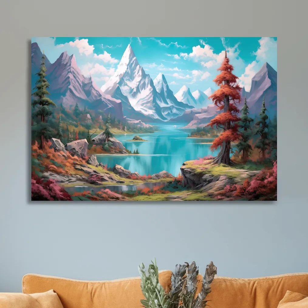 Painting of a surreal alpine mountain landscape