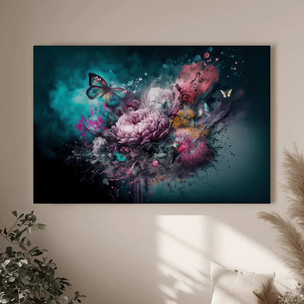 Surreal Floral Butterfly Explosion Painting - Vibrant Botanical Wall Art