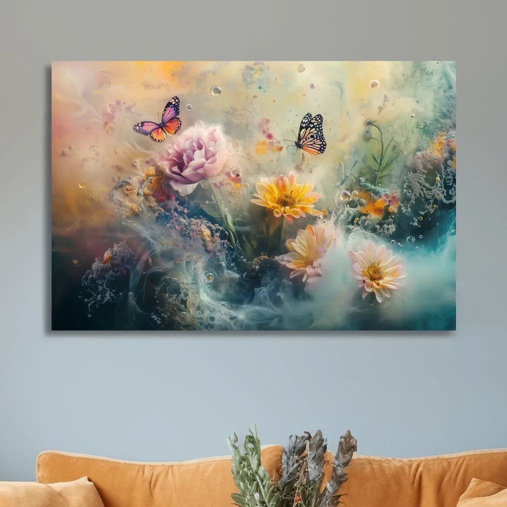 Abstract butterfly and flower wall art painting, dreamy pastel artwork
