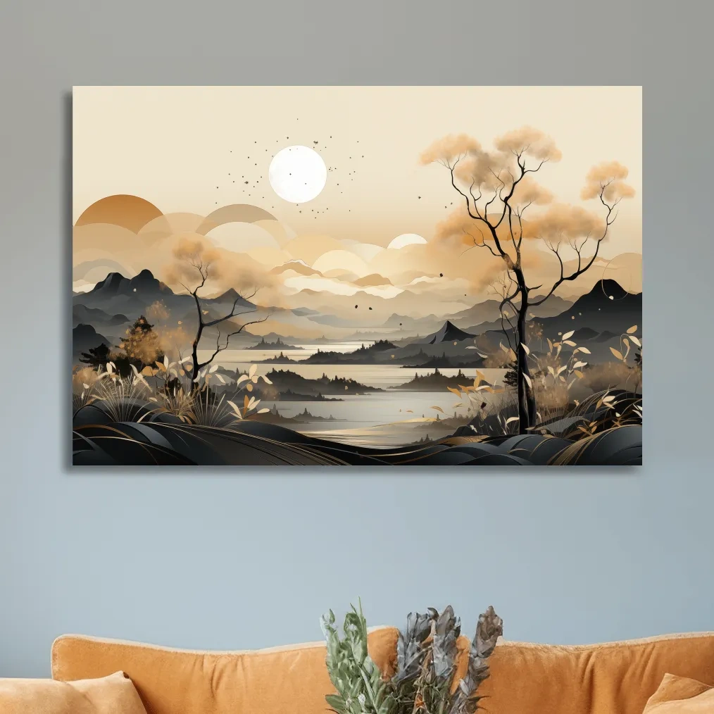 Japandi Misty Mountain Lake Landscape - Boho Wall Artwork