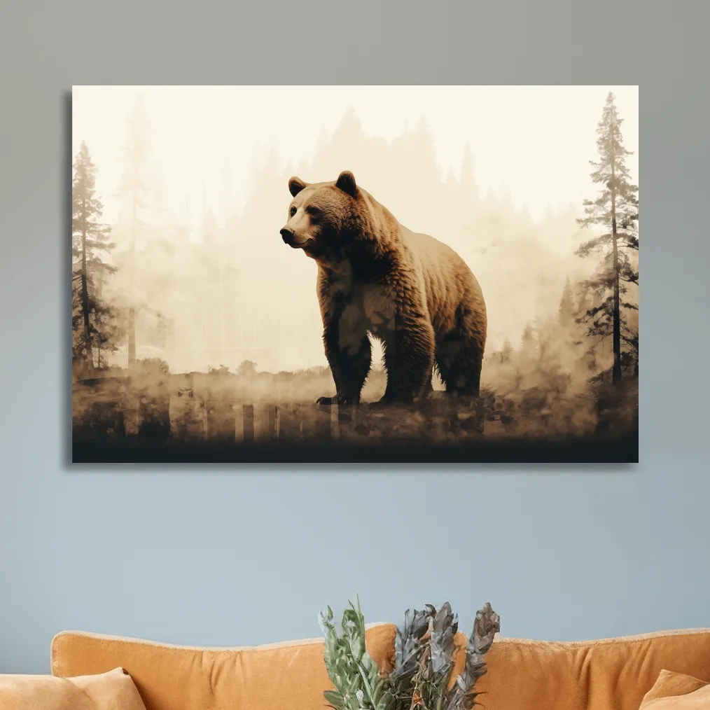 Grizzly bear in the forest, double exposure sepia photography artwork