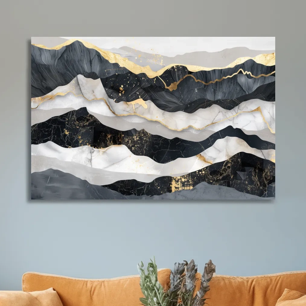 Abstract Black Marble Mountain Layers - Modern Elegant Gold Foil Landscape Wall Art