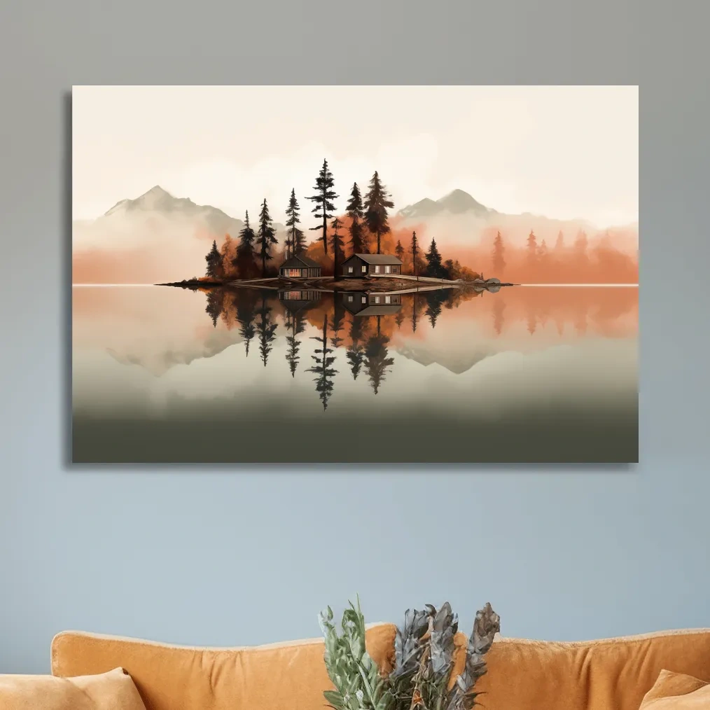 Minimalist Misty Lake Cabin Reflection - Autumn Mountain Landscape Wall Art