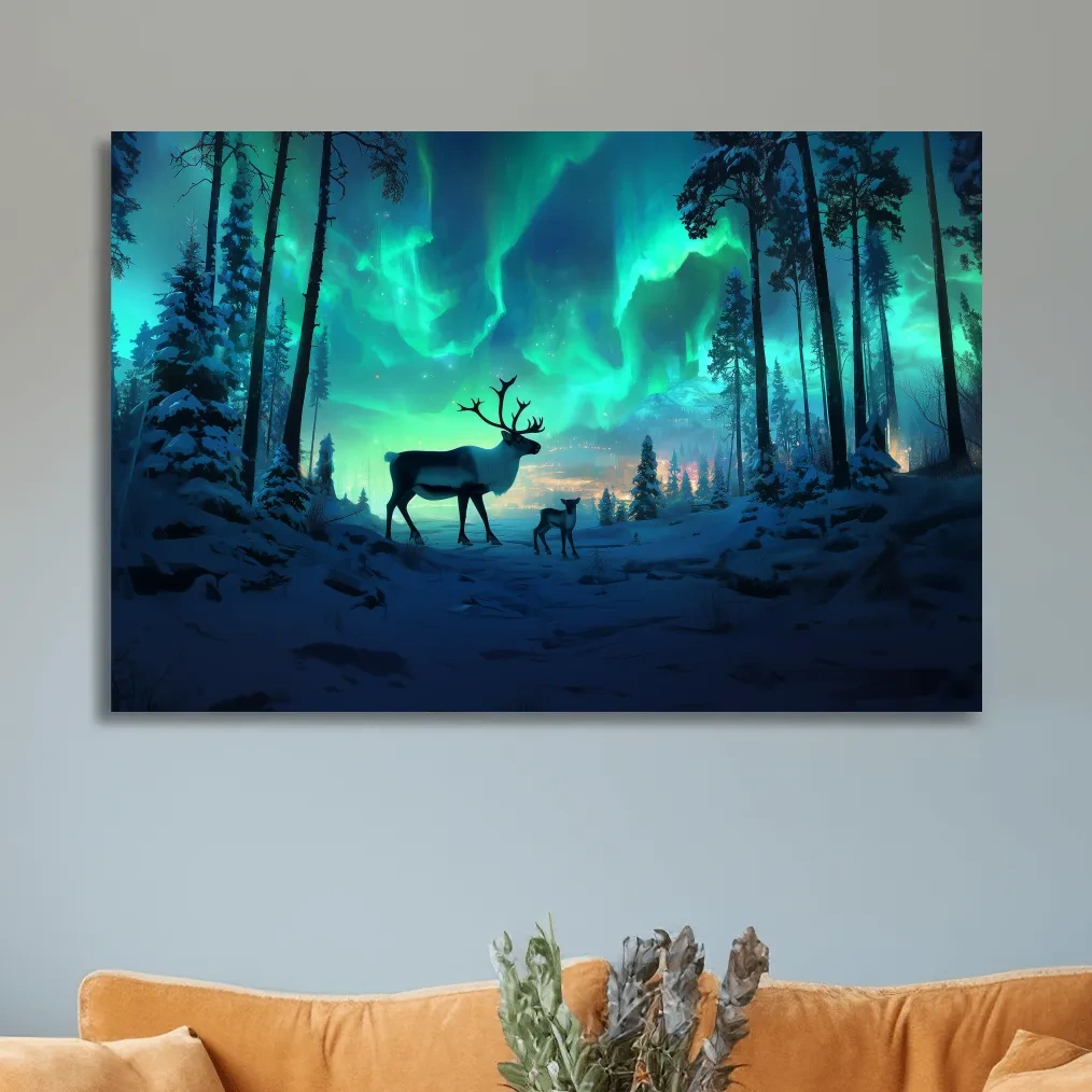 Caribou buck and fawn under vibrant northern lights in a snowy winter forest