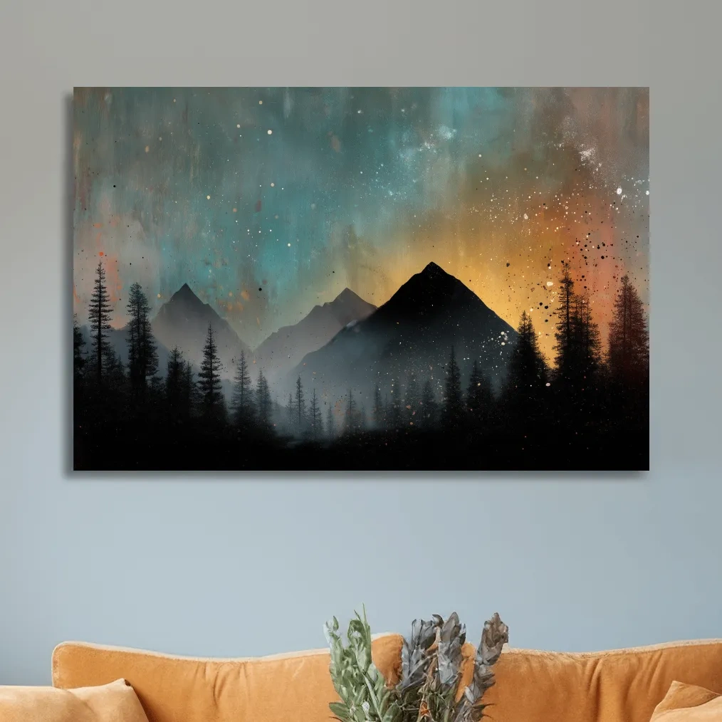 Colorful mountain sunrise artwork, misty forest and starry sky painting