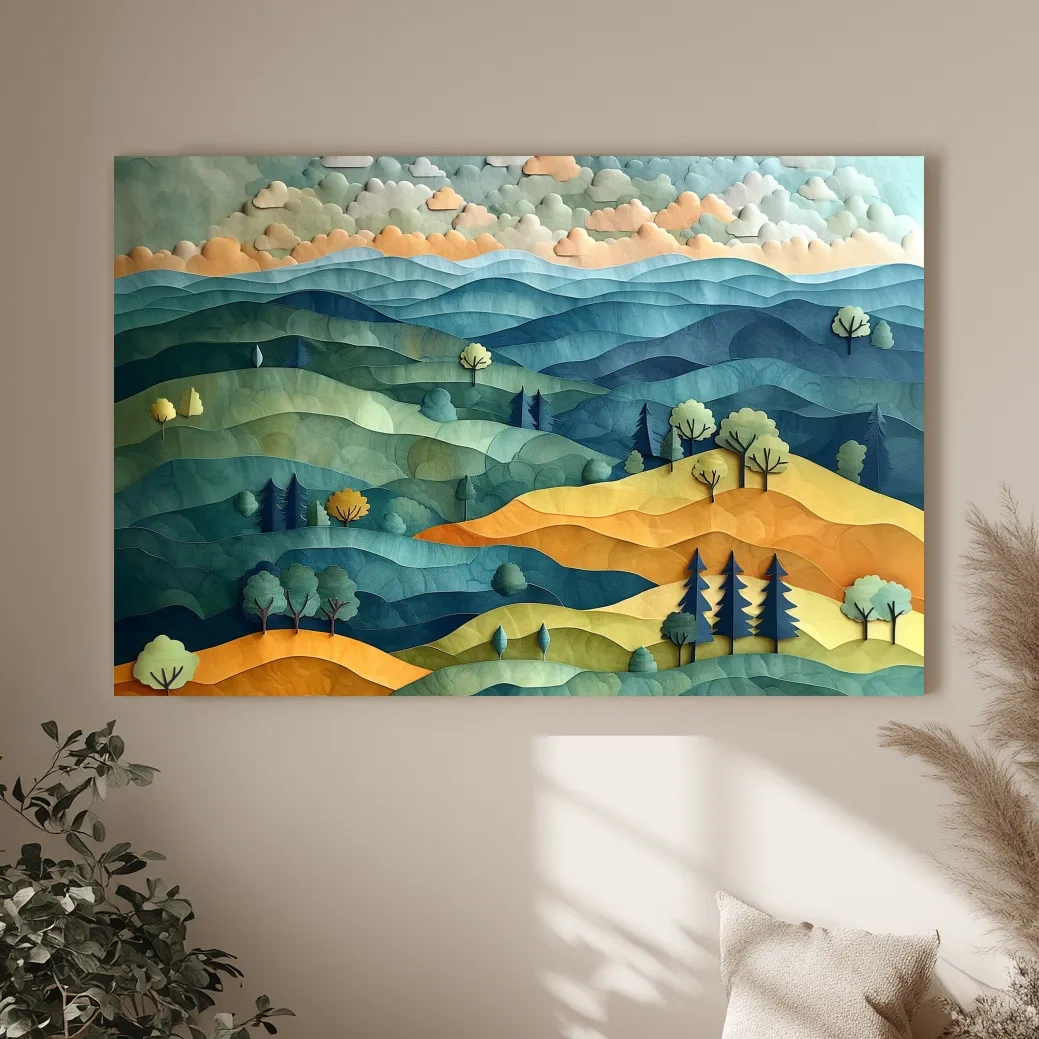 Layered Paper Cut Mountain Landscape - Colorful Modern Nature Wall Art