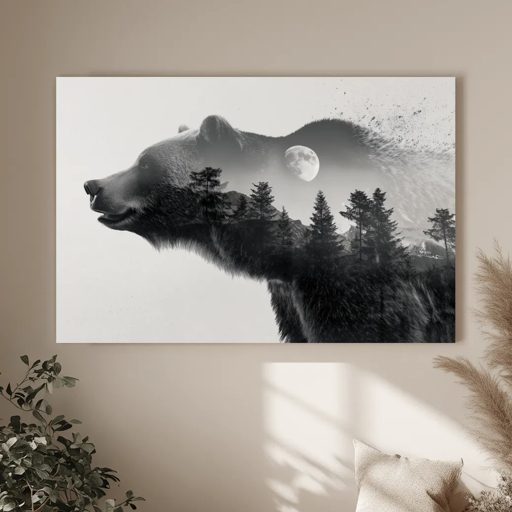 Black And White Grizzly Bear Double Exposure - Moonlit Pine Forest Mountain Wall Art