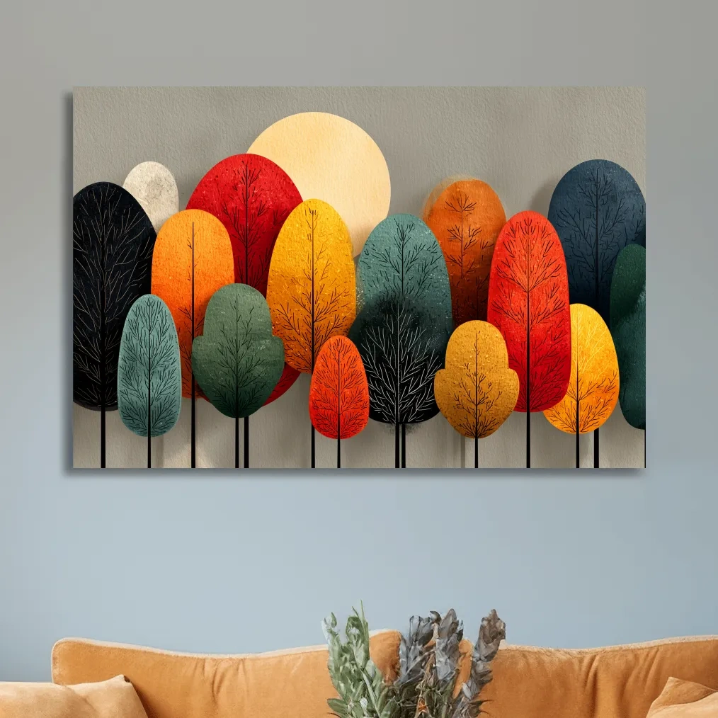 Mid-Century Abstract Autumn Forest Trees - Modern Scandinavian Landscape Artwork