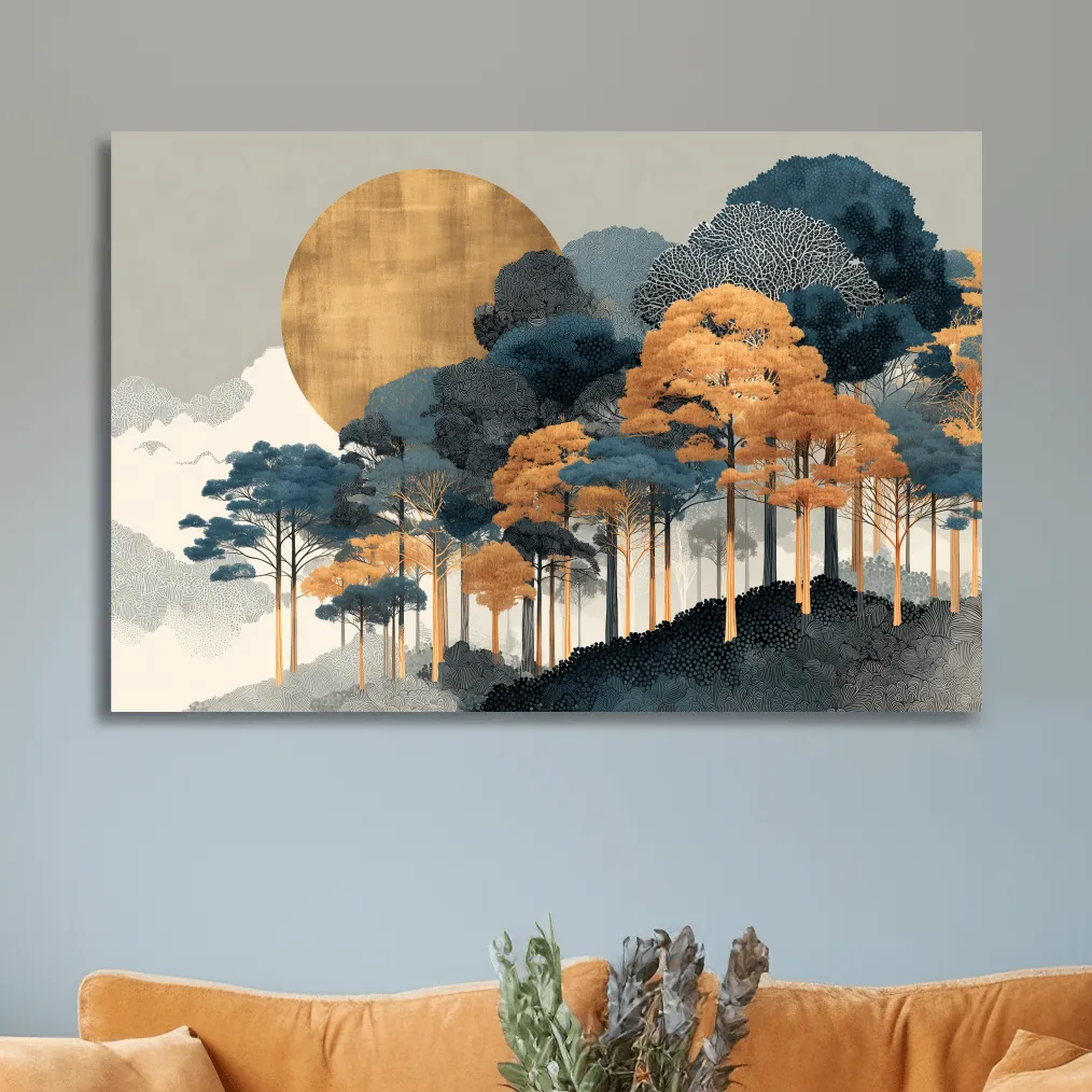 Modern Chic Golden Sun Over Autumn Forest - Elegant Boho Landscape Wall Art