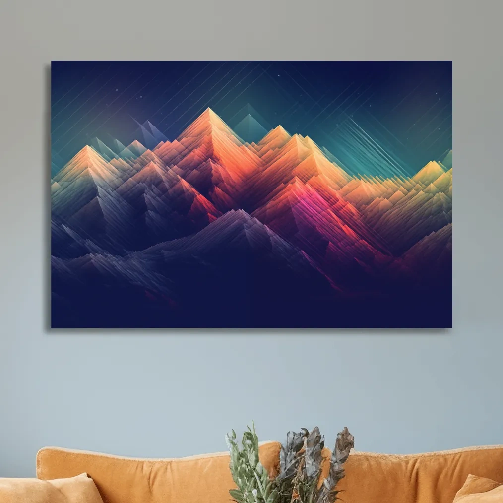 Vibrant Geometric Neon Mountain Peaks - Abstract Alpine Wall Art