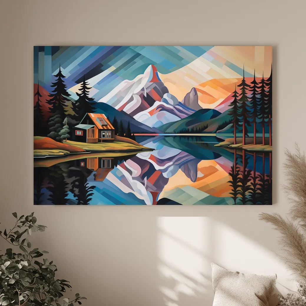 Mountain Cabin by the Lake Canvas Print - Abstract Oil Painting Sunset Wall Art