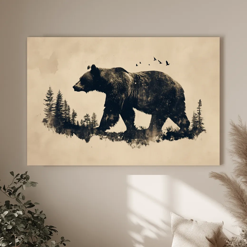 Vintage Grizzly Bear Forest Silhouette - Rustic Wildlife Wall Art