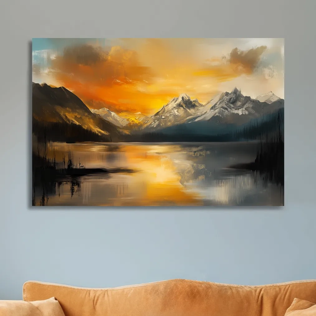 Moody Alpine Mountain Lake Sunset Painting - Oil Painting Style Wall Art