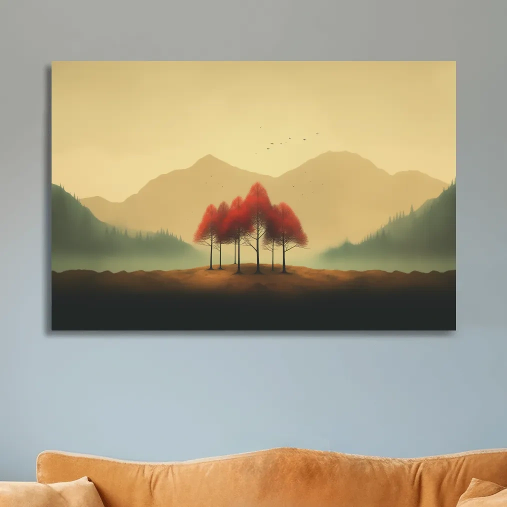 Minimalist Autumn Tree Grove Landscape - Misty Mountain Forest Wall Art