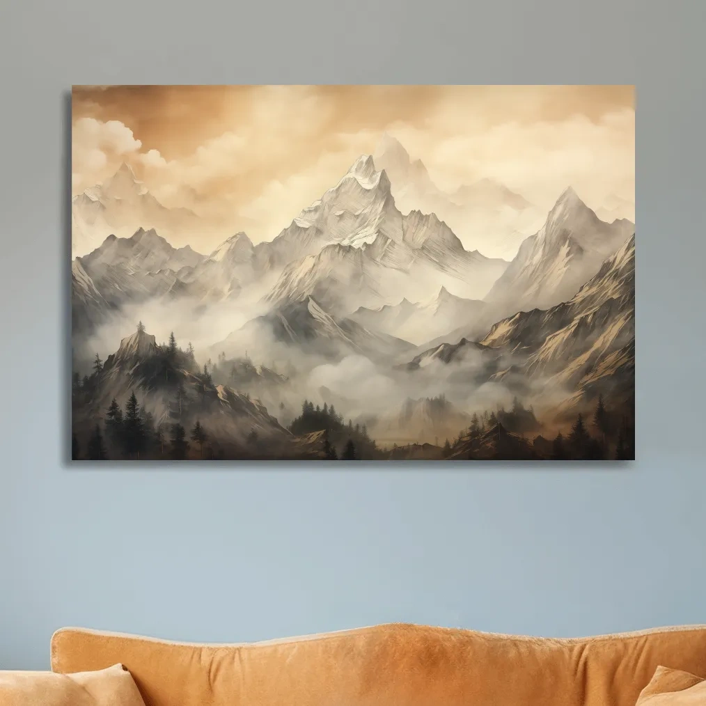 Moody Sepia Misty Mountain Peaks - Atmospheric Alpine Landscape Painting Wall Art