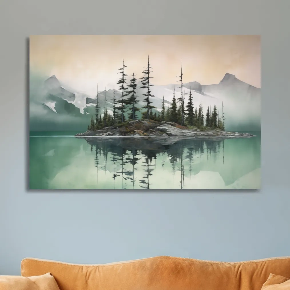 Misty Turquoise Alpine Lake Reflection - Serene Watercolor Mountain Landscape Wall Art