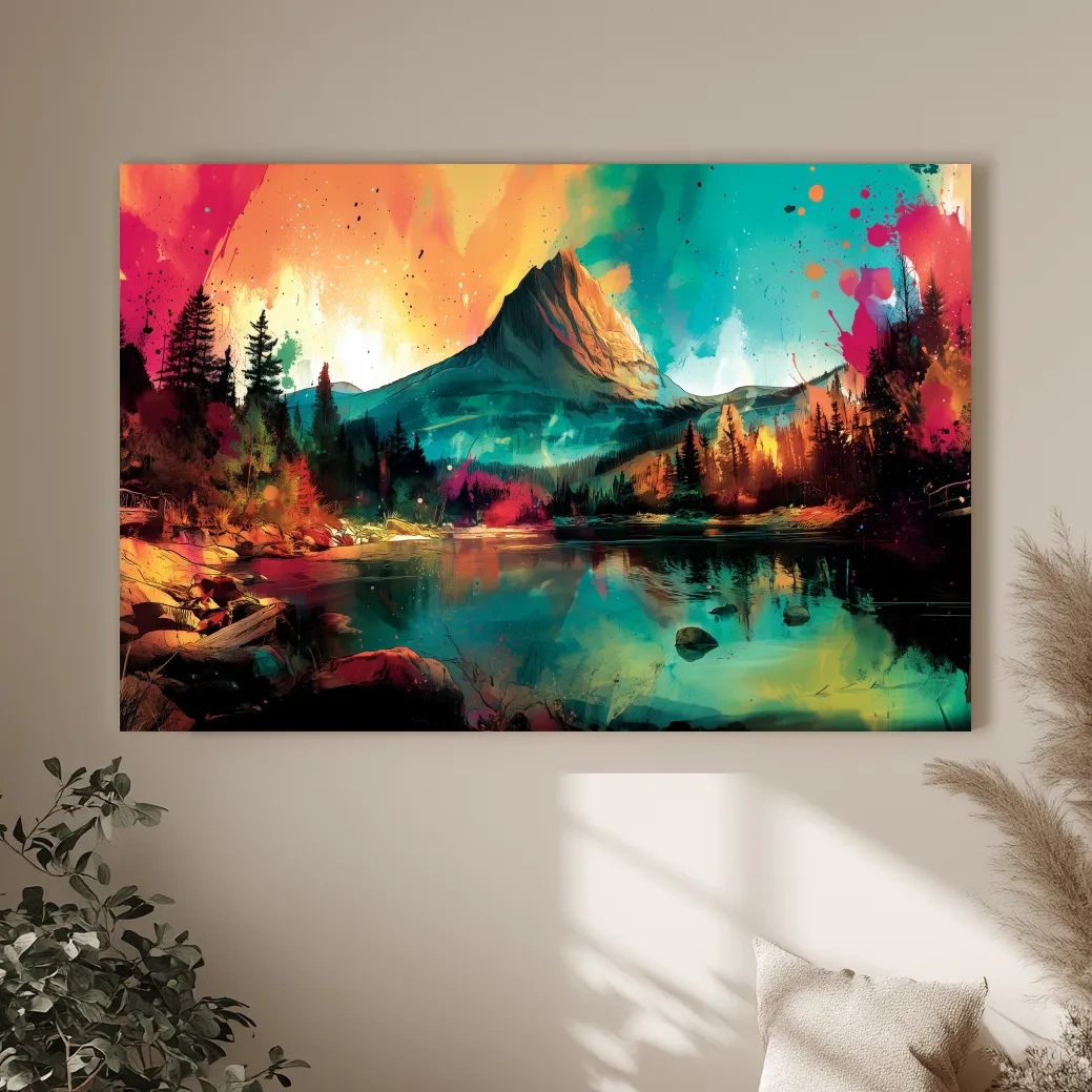 Vibrant Abstract Alpine Mountain Sunrise - Colorful Watercolor Style Artwork