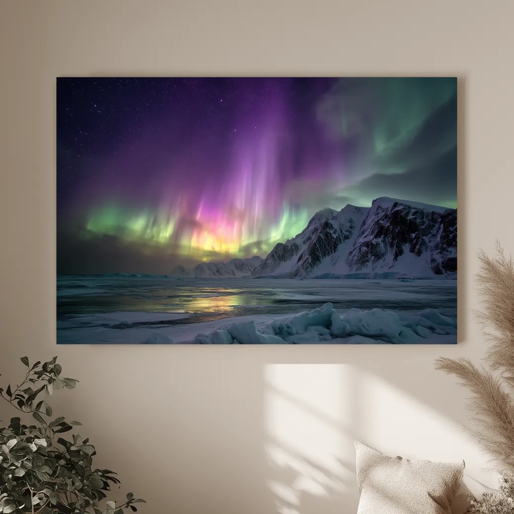 Vibrant Northern Lights Over Snowy Mountains - Aurora Borealis Photographic Night Sky Wall Art