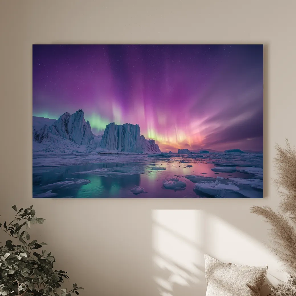 Vibrant Purple Northern Lights Over Arctic Icebergs - Aurora Borealis Landscape Wall Art