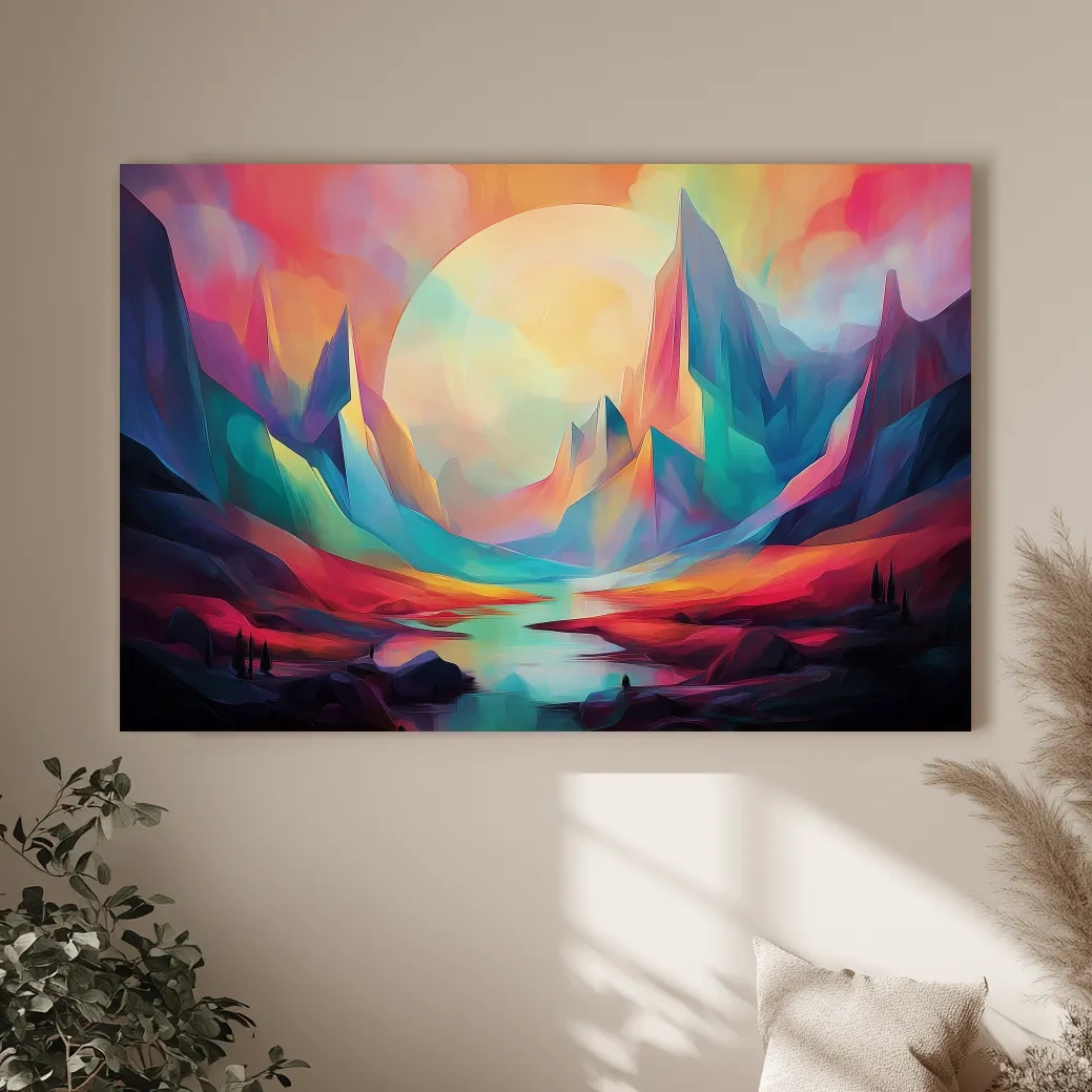 Vibrant Abstract Mountain Valley Sunset - Colorful Surreal Landscape Wall Art