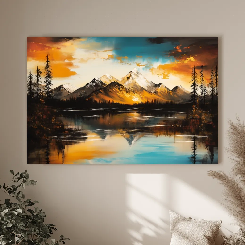 Alpine Mountain Sunset Oil Painting - Abstract Landscape Wall Art