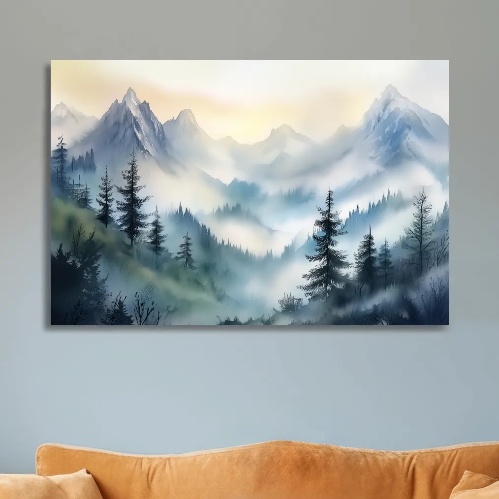 Chinese Ink Wash Watercolor Mountain Peaks - Foggy Alpine Wall Art