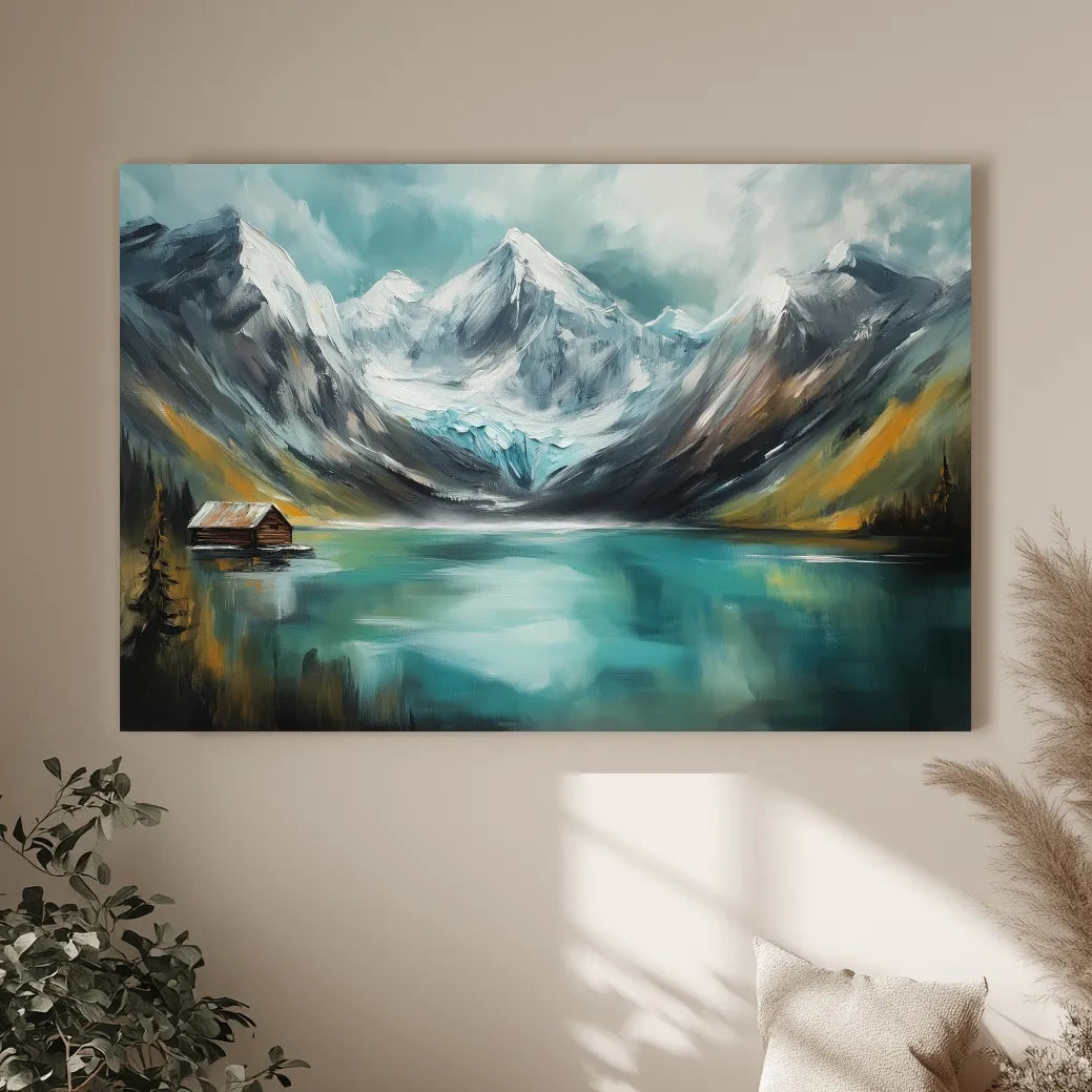 Turquoise Alpine Lake Cabin Painting - Snowy Mountain Landscape Wall Art