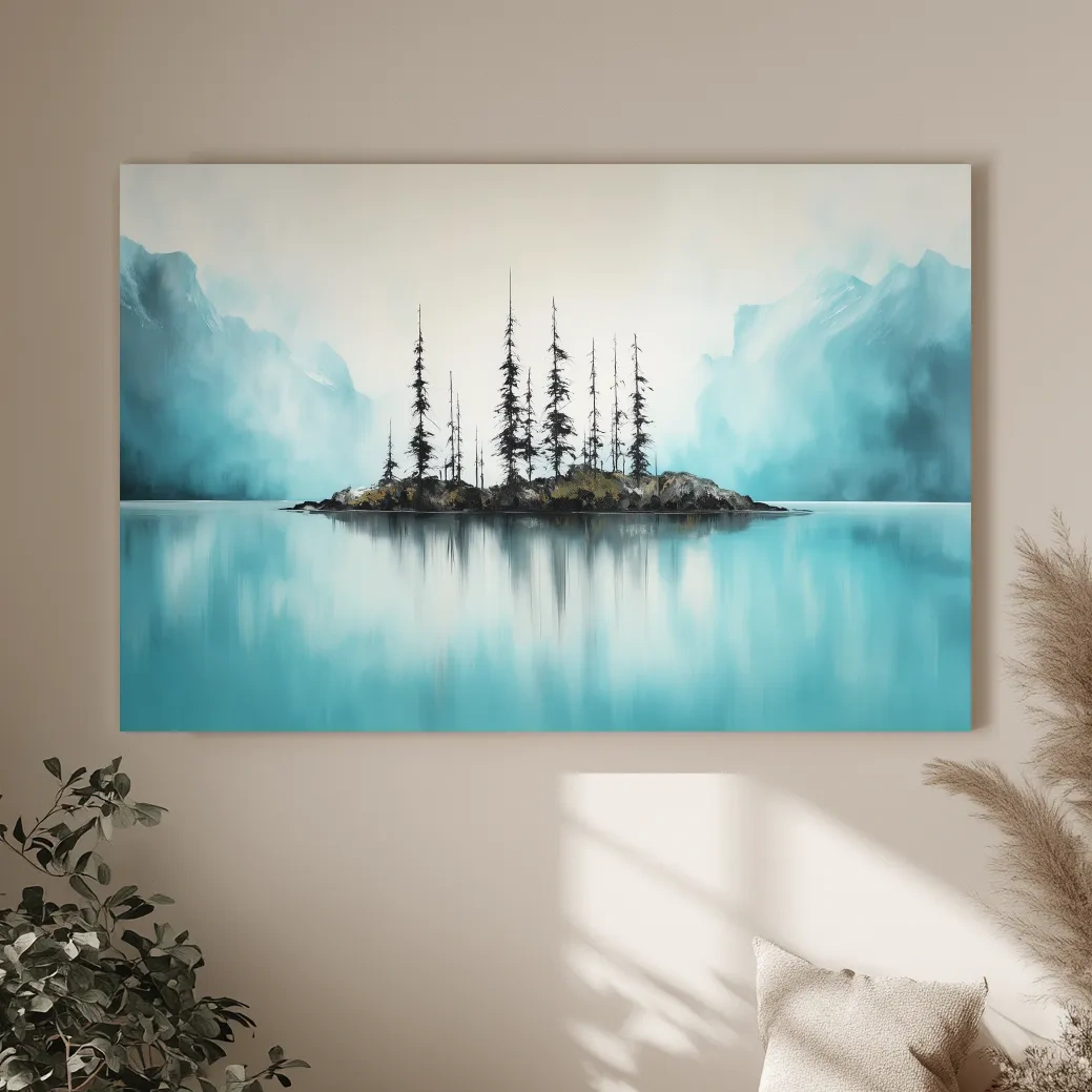 Misty Turquoise Mountain Lake Reflection - Minimalist Watercolor Landscape Wall Art