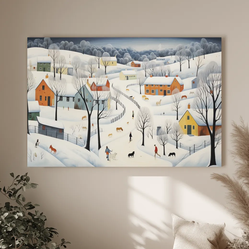 Whimsical Snowy Village Winter Landscape Painting - Folk Art Countryside Wall Art