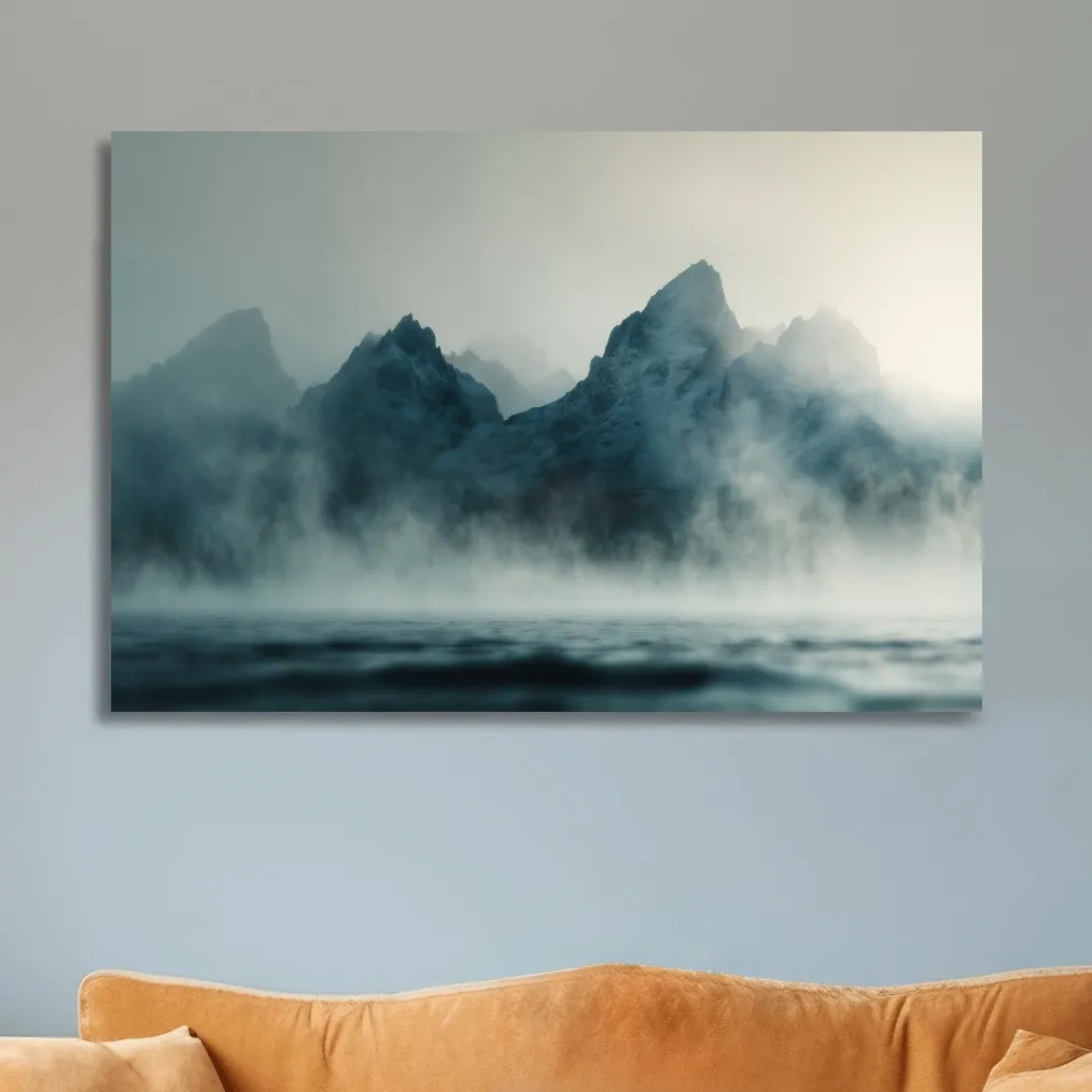Moody Misty Mountain Peaks Over Water - Atmospheric Monochrome Landscape Wall Art
